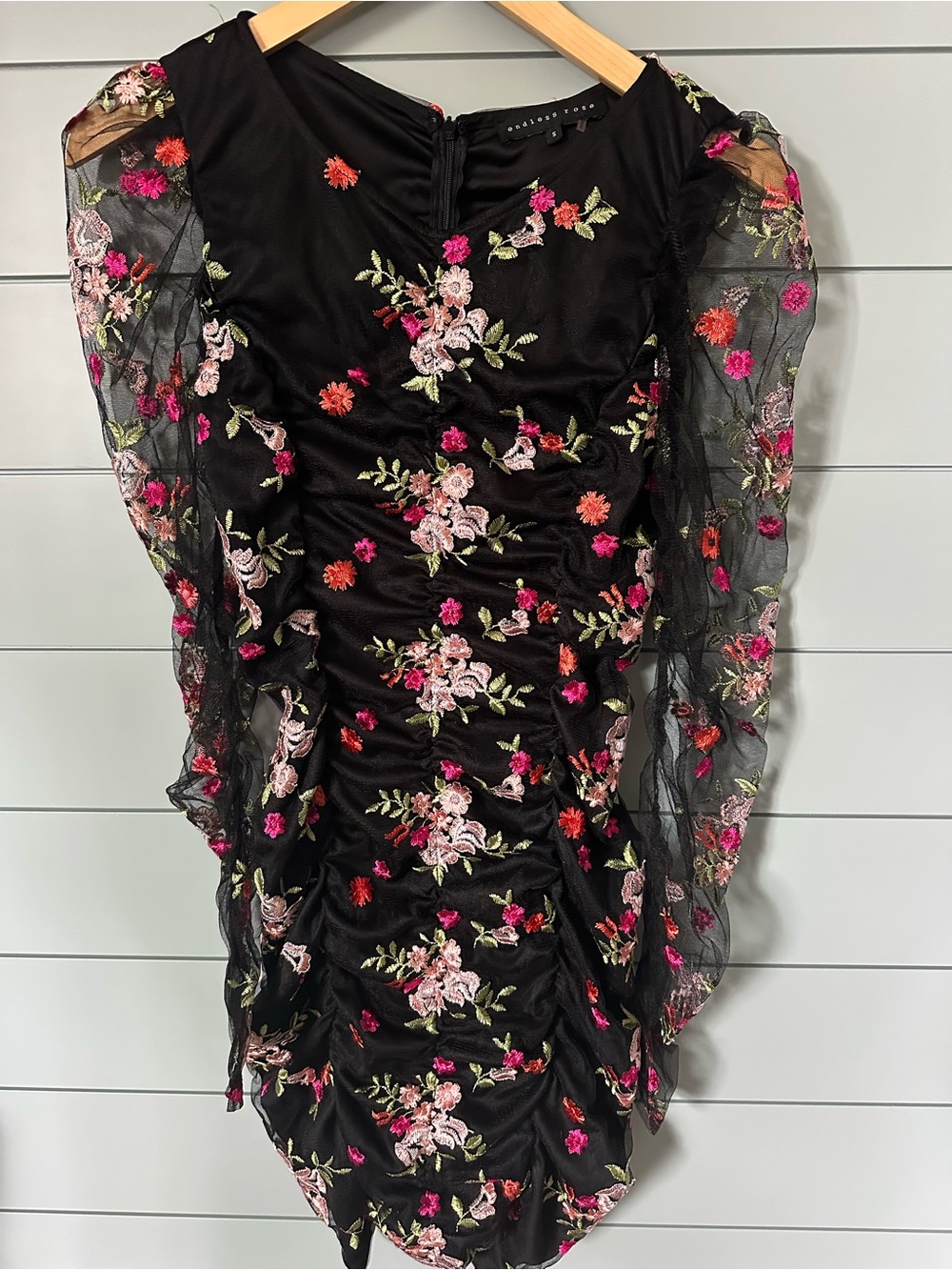 Endless Rose Black bodycon runched Dress with Pink and Orange Floral Embroidery